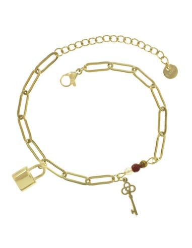 Pulsera cadena con llave y candado de acero dorado