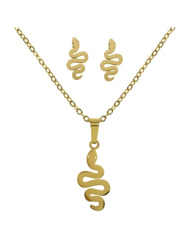 Conjunto de pendientes y collar serpiente de acero dorado